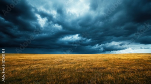 A vast golden prairie stretches under a dramatic stormy sky, with dark clouds gathering on the horizon.
