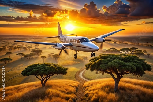 South African surveillance aircraft patrolling a vast savanna landscape at sunset.