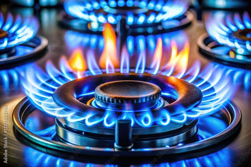 High-resolution panoramic image: a realistic blue gas flame ignites a home kitchen stovetop. High-resolution panoramic image: a realistic blue gas flame ignites a home kitchen stovetop.