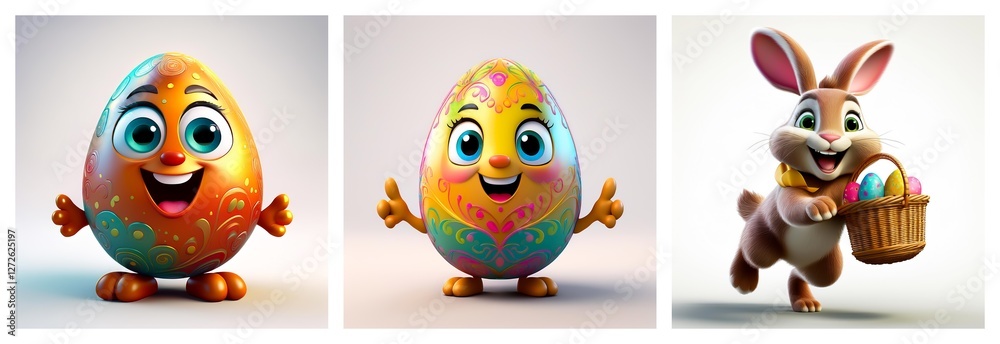 Fototapeta premium Cute Easter illustration featuring decorated eggs with faces and a bunny carrying a basket full of colorful eggs, all set against a bright background.