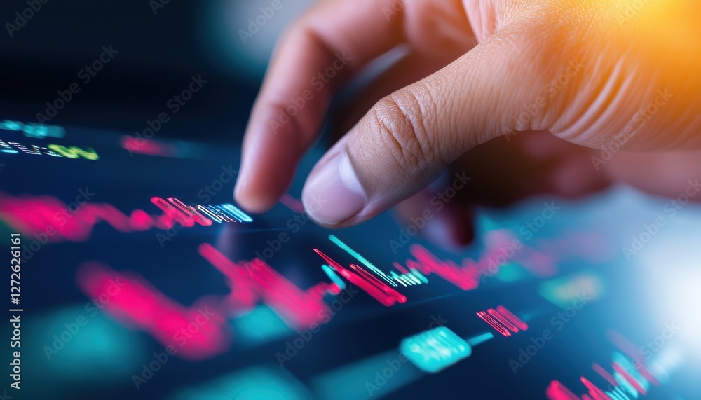 Fototapeta premium successful investor growth capital concept. A close-up of a hand interacting with a digital stock market display, featuring colorful data visuals and trends.