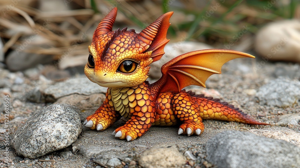 Fototapeta premium Adorable Baby Dragon Figurine Fantasy Creature Mythical Beast Orange Scales Winged Rep