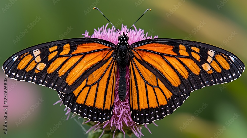 Vibrant Monarch Butterfly Perched on a Pink Flower in a Lush Green Garden Vibrant Monarch Butterfly Perched on a Pink Flower in a Lush Green Garden