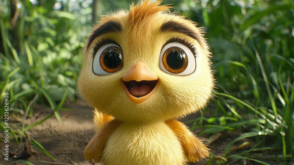 Fototapeta premium Adorable Fluffy Chickling in Green Grass Happy Baby Bird