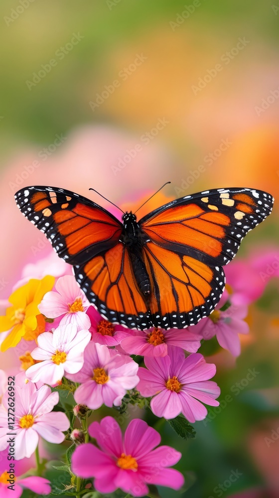 Fototapeta premium Vibrant Monarch Butterfly Perched on Colorful Flowers in a Lush Garden