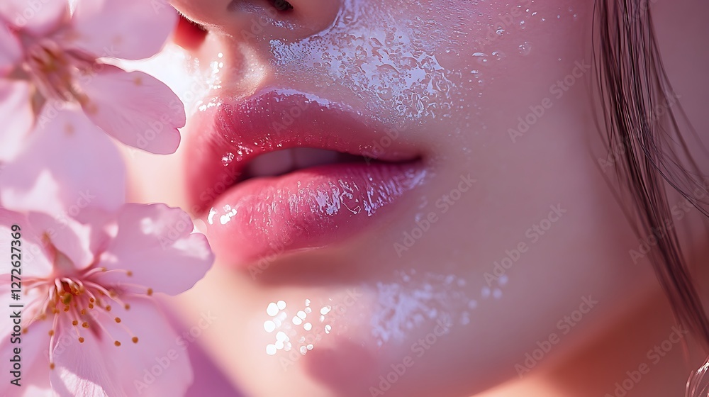 Fototapeta premium A close-up of an Asian model’s lips as she applies a pink-tinted floral lip balm, cherry blossoms softly blurred in the background, natural dewy skin, warm pastel hues, high-fashion beauty editorial,