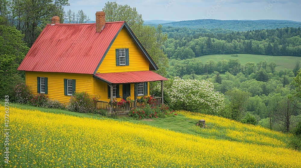Fototapeta premium Yellow house, red roof, hilltop, canola field, valley view