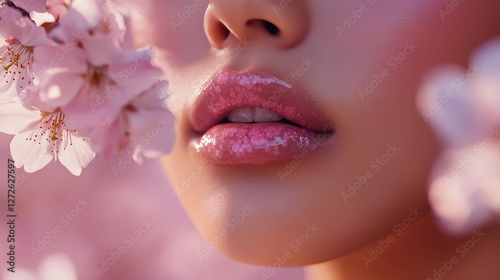 Fototapeta premium A close-up of an Asian model’s lips as she applies a pink-tinted floral lip balm, cherry blossoms softly blurred in the background, natural dewy skin, warm pastel hues, high-fashion beauty editorial,