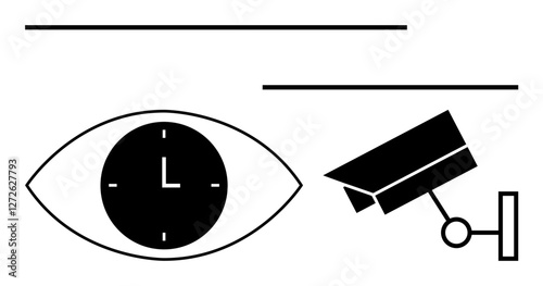 Large eye with a clock inside, surveillance camera, and minimal lines. Ideal for privacy, monitoring, safety, control, efficiency alertness and vigilance. Abstract line flat metaphor