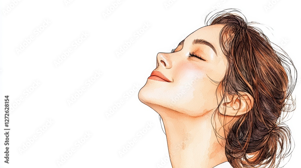 Serene Woman Portrait Upward Gaze, Soft Lighting, White Background Serene Woman Portrait Upward Gaze, Soft Lighting, White Background
