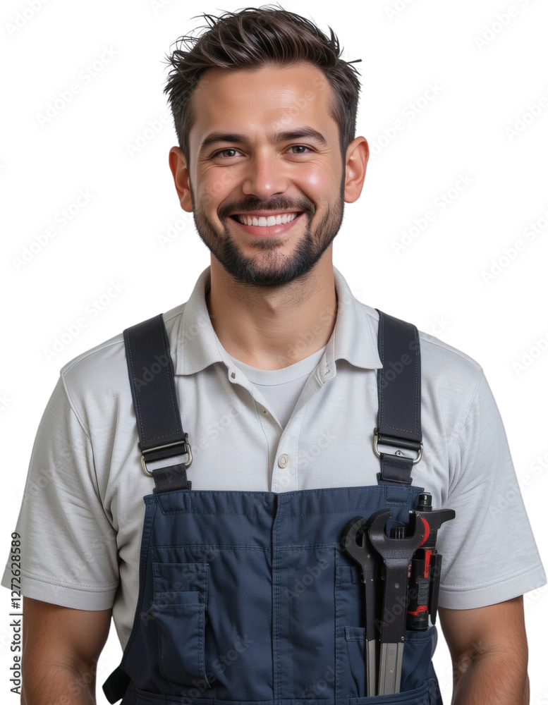 Fototapeta premium Happy Caucasian Male Mechanic Smiling Portrait Tools in Pocket Work Uniform