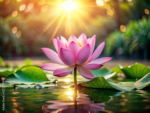 High-resolution royalty-free stock photo: a serene pink Vietnam lotus blossom graces a peaceful pond.