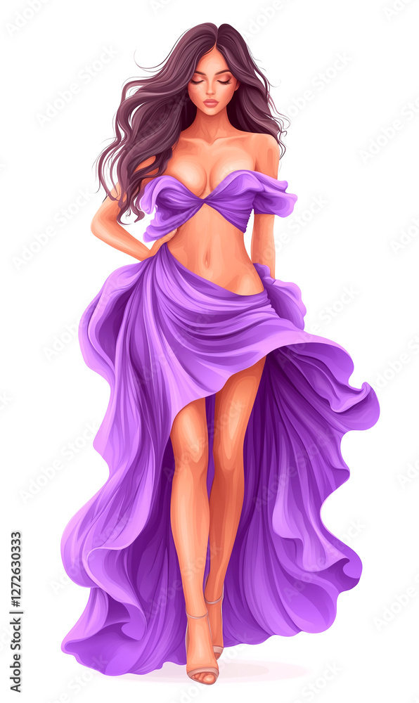 Woman in a purple dress is walking with her arms outstretched. The dress is long and flowing, and the woman's hair is styled in a way that accentuates her curves. Scene is elegant and sophisticated Woman in a purple dress is walking with her arms outstretched. The dress is long and flowing, and the woman's hair is styled in a way that accentuates her curves. Scene is elegant and sophisticated