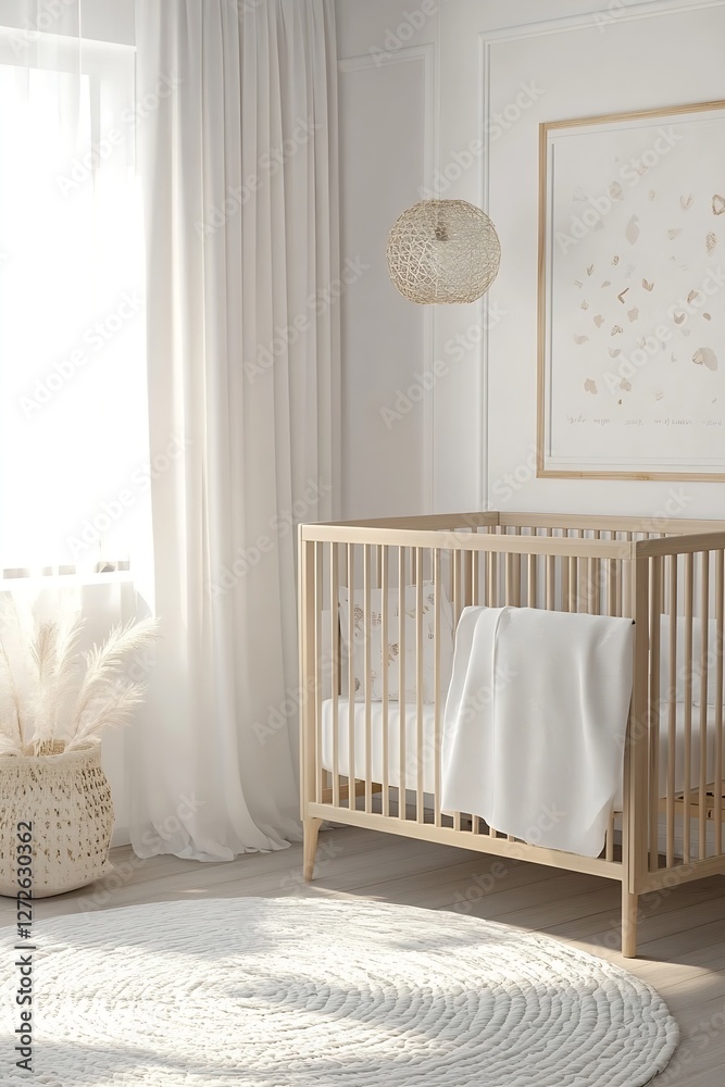 Stylish Minimalist Nursery Room with Crib and Soft Natural Light : Generative AI Stylish Minimalist Nursery Room with Crib and Soft Natural Light : Generative AI