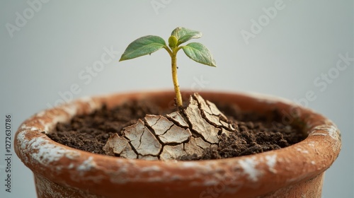 Dementia risk portrayed by a cracked, dried-up plant in a pot. Featuring the decline of life and vitality