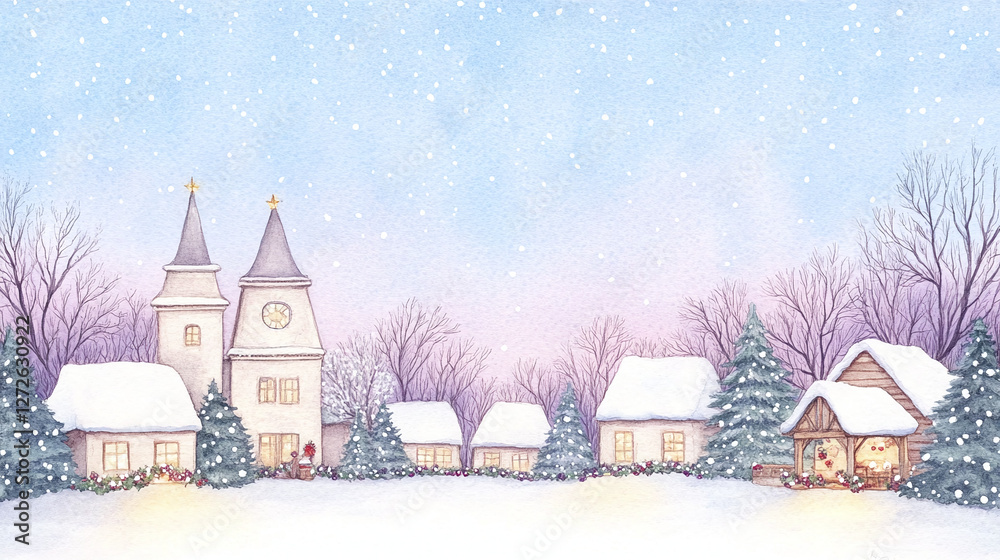 Fototapeta premium Winter Village Watercolor Painting