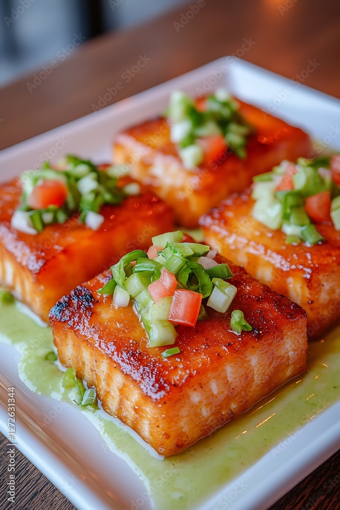 Glazed salmon squares topped with relish plated in restaurant, blured background for menu or food blog use Glazed salmon squares topped with relish plated in restaurant, blured background for menu or food blog use