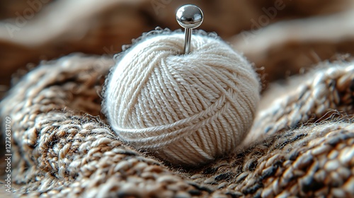Close-up of cream yarn ball on textured fabric; crafting project