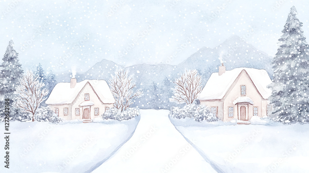 Winter Village Watercolor Landscape Winter Village Watercolor Landscape