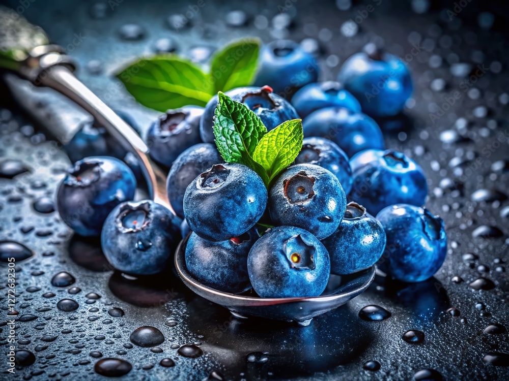Still Life Photography: Blueberries and Silver Spoon on Dark Grey Background