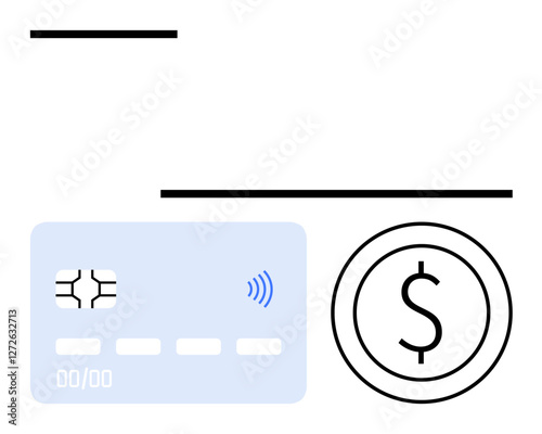 Blue credit card with contactless symbol next to a dollar coin icon. Ideal for finance, digital payments, e-commerce, cashless transactions, banking, budgeting, fintech, abstract line flat metaphor