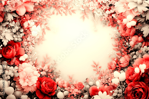 Red and white flower arrangement with a white background. The flowers are arranged in a circle, with some roses and daisies. Scene is romantic and elegant