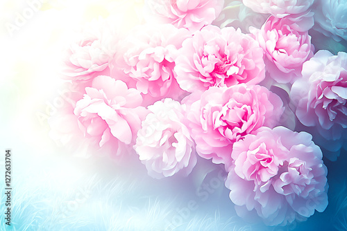 Beautiful bouquet of pink flowers with a blue background. The flowers are arranged in a way that they look like they are blooming. The blue background adds a sense of calmness