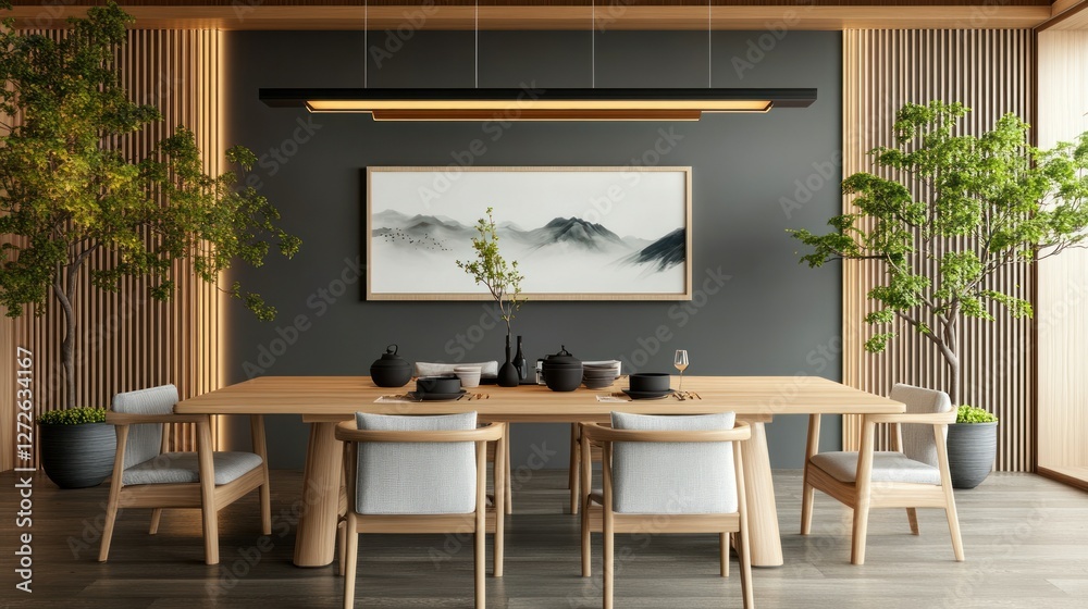 Fototapeta premium Japandi-style dining room with a low wooden table, neutral fabric chairs, soft lighting, and natural decor on a transparent background, 4K ultra-realistic photo