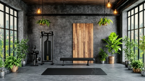 Loft-style gym mockup with a raw concrete wall, black exercise equipment, wooden accents, and hanging Edison bulbs, modern industrial design, 4K ultra-realistic photo