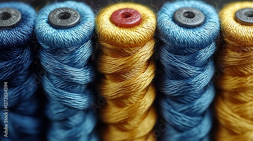 Colorful thread spools, close-up, textile industry, background blurred