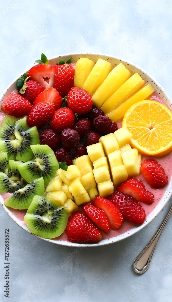 Fruit smoothie bowl topped with fresh fruits, ready for breakfast. Gray background, product shot Fruit smoothie bowl topped with fresh fruits, ready for breakfast. Gray background, product shot
