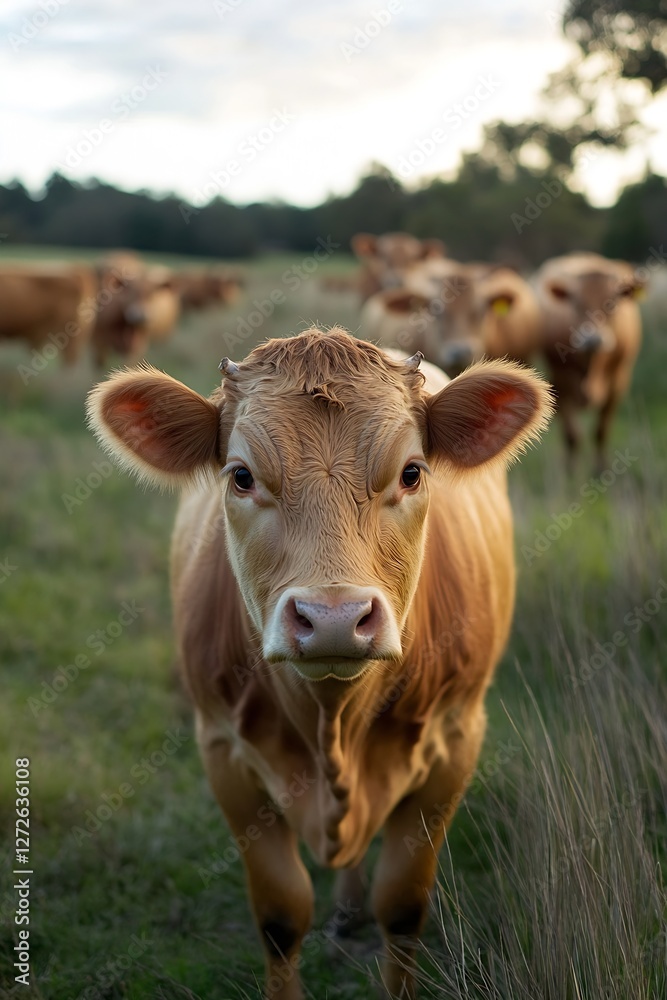 Curious Brown Calf in Lush Green Field with Farm Animals in Background : Generative AI Curious Brown Calf in Lush Green Field with Farm Animals in Background : Generative AI