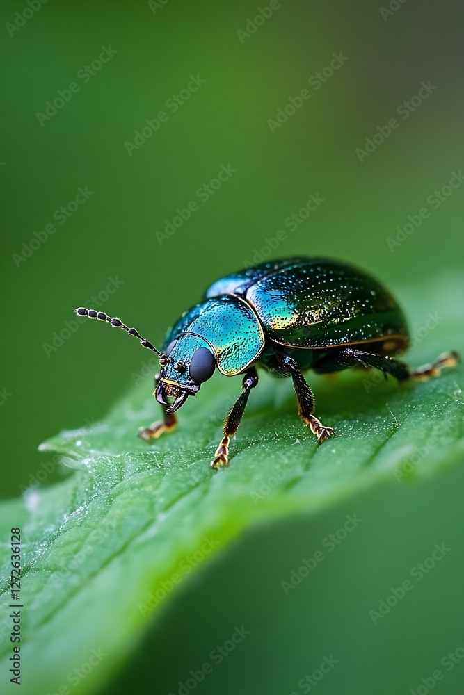 Naklejka premium Close-Up of a Stunning Iridescent Green Beetle on a Leaf : Generative AI