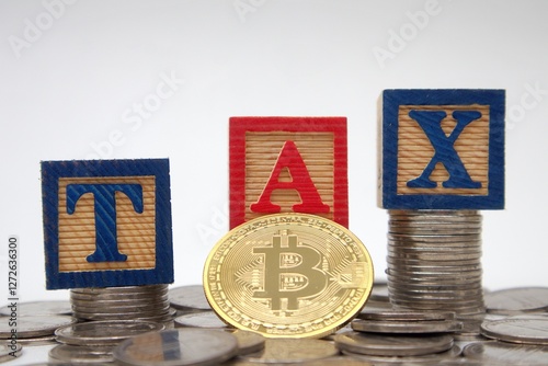 Bitcoin on 3 red blocks saying TAX on top of a pile of coins. Crypto currency tax payment concept photo