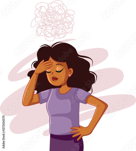 Sad Disappointed Woman Suffering a Headache Vector Concept Illustration. Unhappy person of color being in deep trouble and distress  
