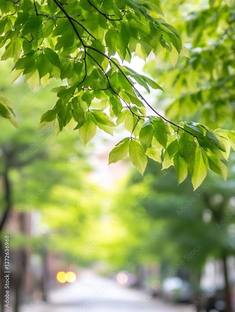 Lush Green Tree Leaves Overlooking a Blurred Street in a Urban Setting during Daytime : Generative AI Lush Green Tree Leaves Overlooking a Blurred Street in a Urban Setting during Daytime : Generative AI