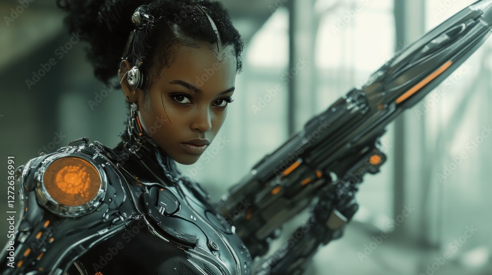 Naklejka premium Cyberpunk Warrior: A Futuristic Female Soldier
