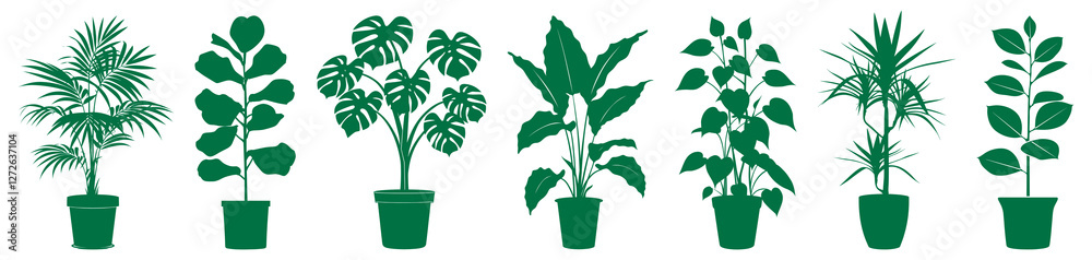 Fototapeta premium PNG Potted green plant silhouettes, element set on transparent background