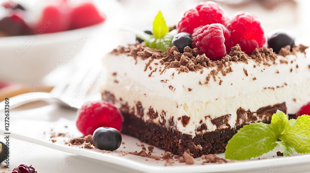 Delicious Chocolate Layer Cake Topped with Fresh Raspberries and Mint Leaves on a White Plate : Generative AI Delicious Chocolate Layer Cake Topped with Fresh Raspberries and Mint Leaves on a White Plate : Generative AI