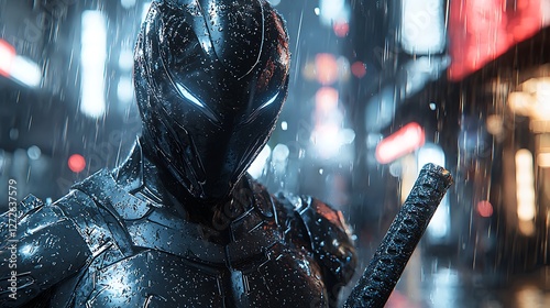 Cyberpunk ninja warrior in rain-soaked city, futuristic action scene, game cover art photo