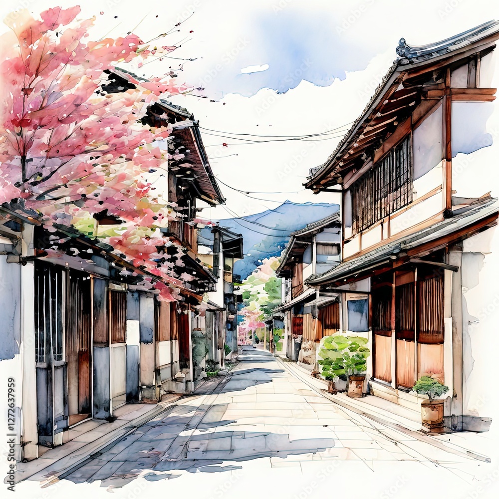 Obraz premium an AI Image Generator, Tranquil Japanese Street with Cherry Blossoms