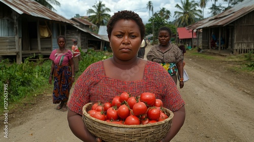 Woman farmer holding basket of tomatoes in village photo