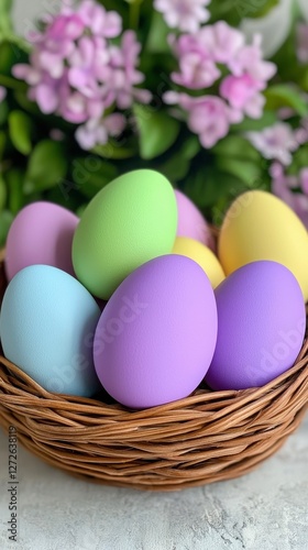 A colorful assortment of pastel eggs nestled in a woven basket, surrounded by vibrant flowers, perfect for Easter celebrations.