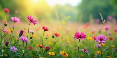 Wildflowers in meadow bloom freely on tall stems, purple, rose, fireweeds
