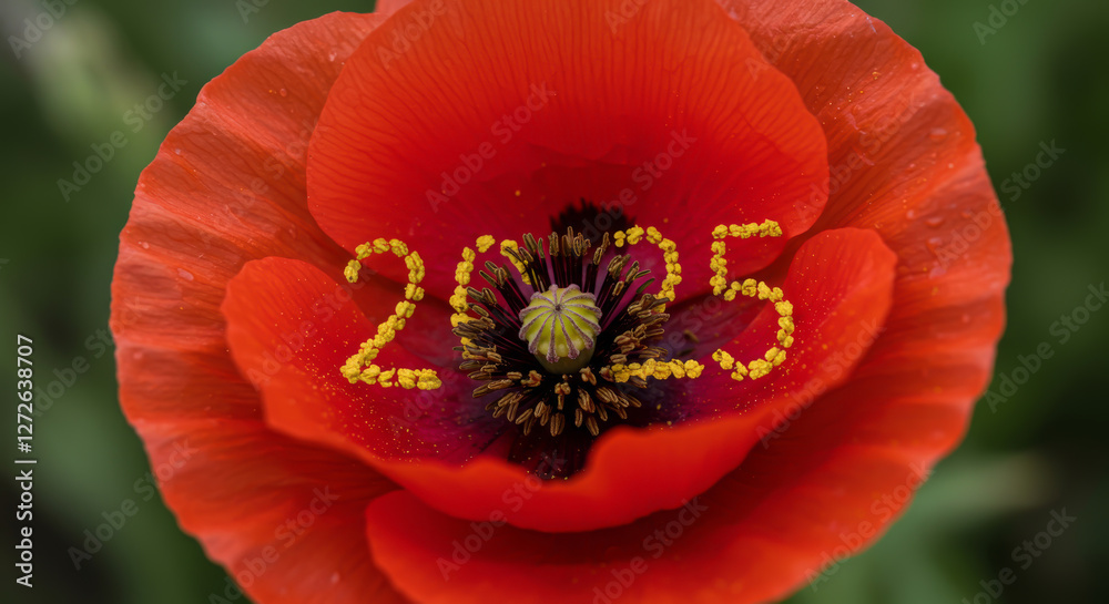 Red poppy flower displaying the numbers two zero two five Red poppy flower displaying the numbers two zero two five