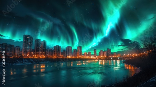 Aurora Borealis Cityscape: A mesmerizing night view of a city skyline illuminated by the vibrant colors of the Northern Lights, reflecting on a tranquil river.