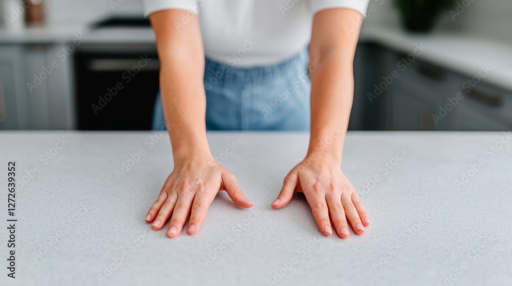 Fototapeta premium Woman's hands on kitchen counter, checking surface