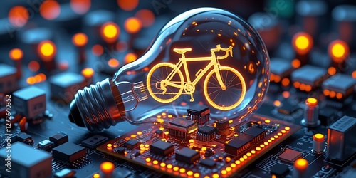 A glowing light bulb with an illuminated bicycle icon inside, resting on a futuristic circuit board, symbolizing innovation, sustainability, and the fusion of technology with eco-friendly transportati photo