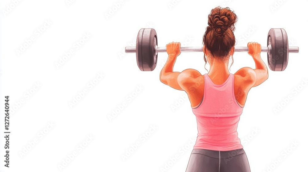 Fototapeta premium A woman lifts a barbell, showcasing strength and focus in her workout attire, emphasizing fitness and determination.