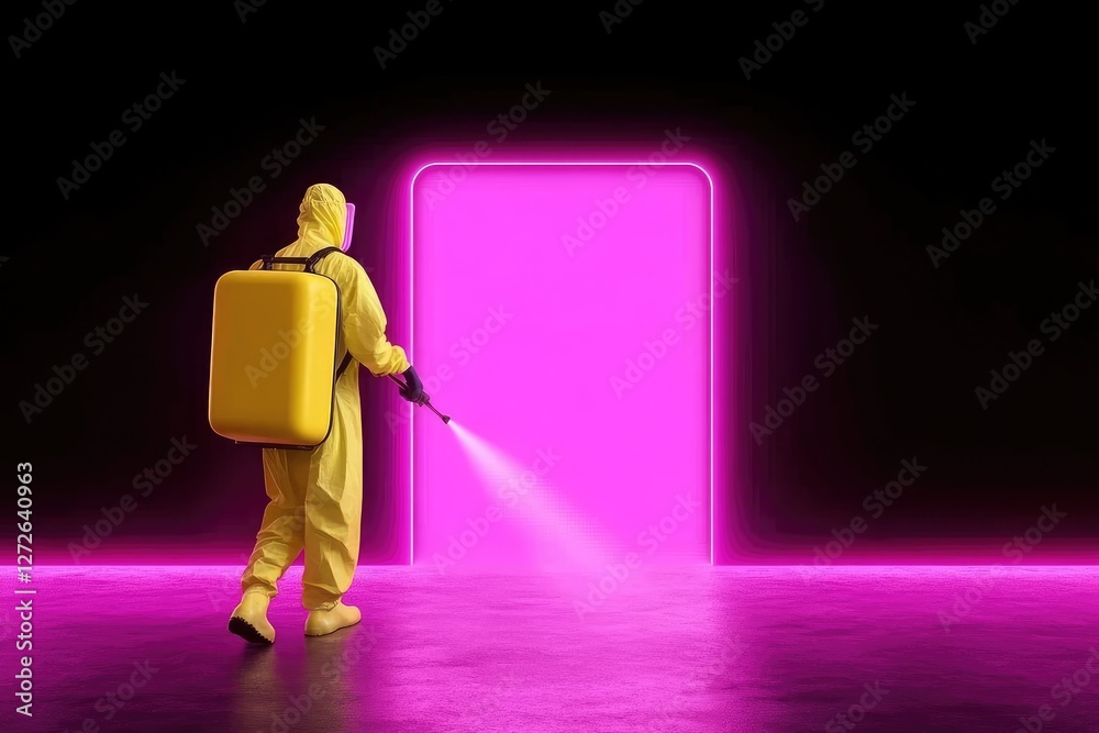 Fototapeta premium Futuristic Sanitization: Worker in Hazmat Suit Disinfecting Neon-Illuminated Doorway